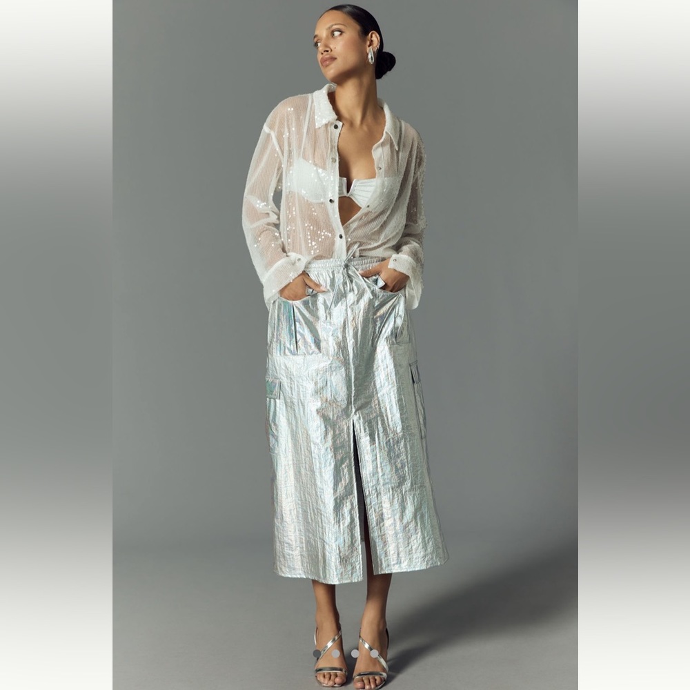 NWT By Anthropologie Metallic Shine Cargo Midi Skirt